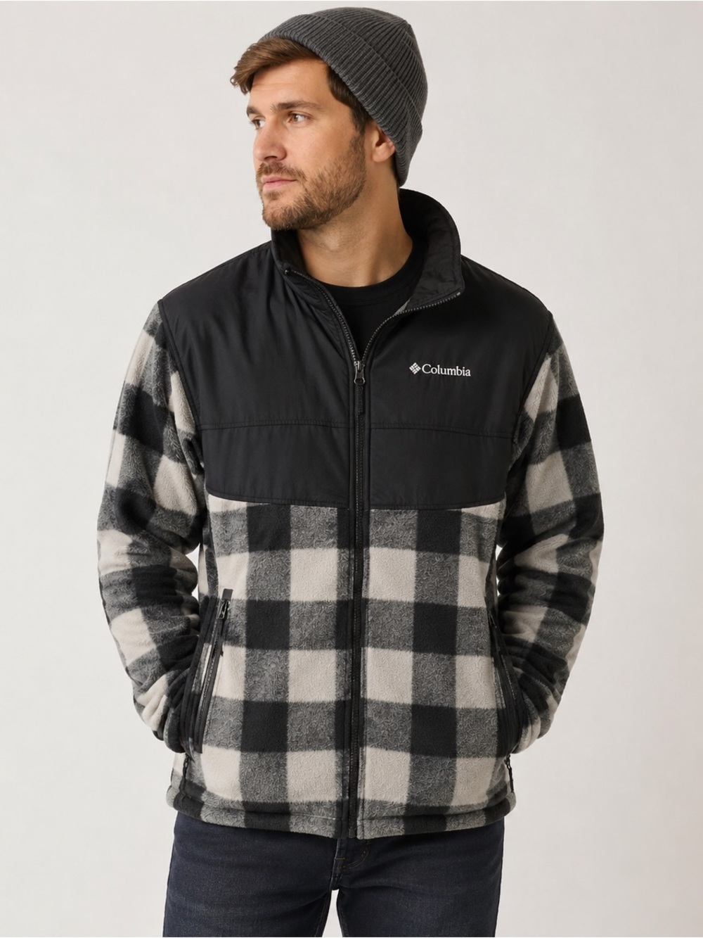 Columbia Fleece Jacket Mens Large Black Grey Buffalo Plaid Full Zip Interchange